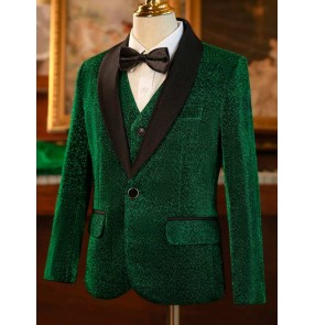 Boys green sequined jazz dance coats kids british style catwalk stage model host pianist singers performance blazers flowers boys jackets